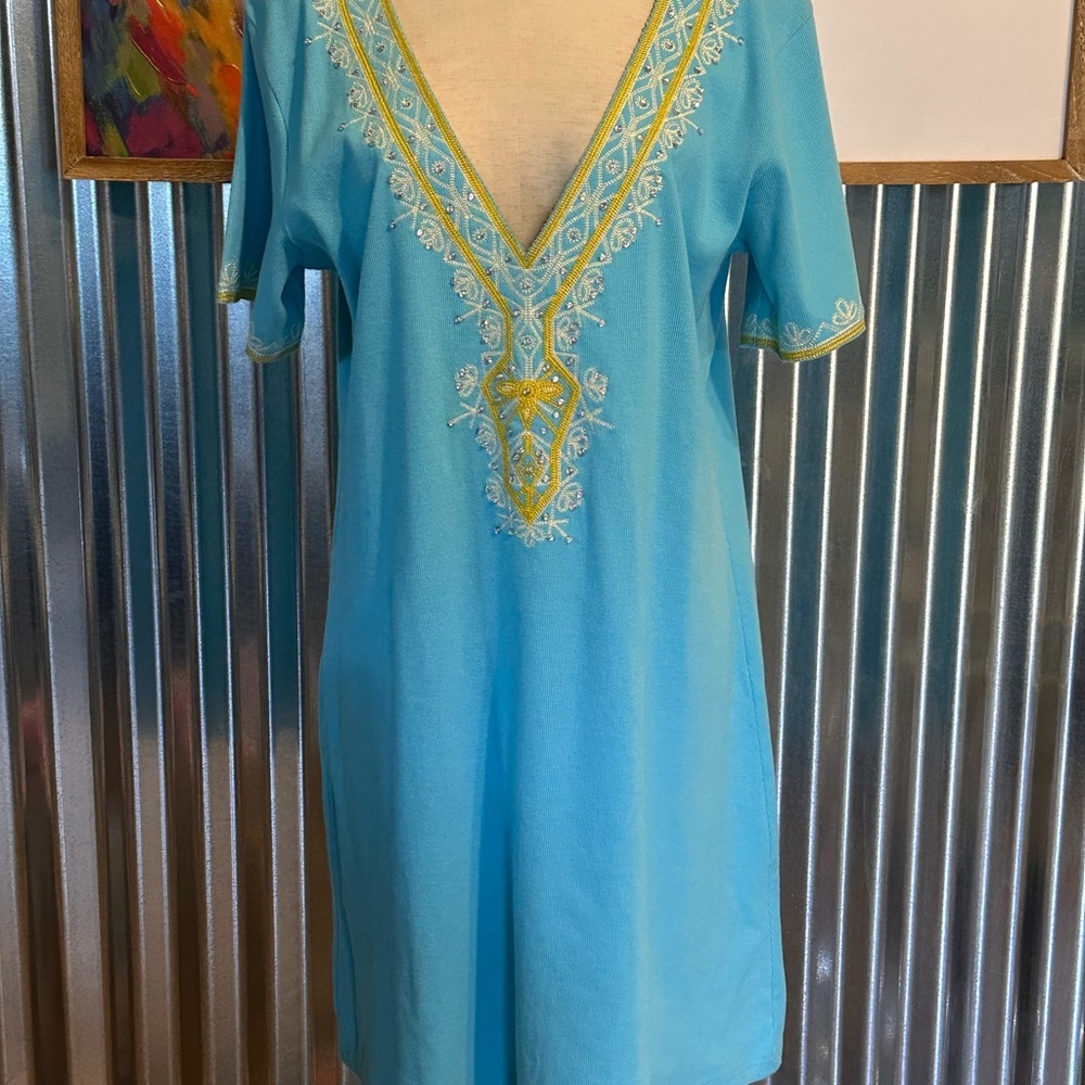 Blue Tunic Dress with Gold Embroidery